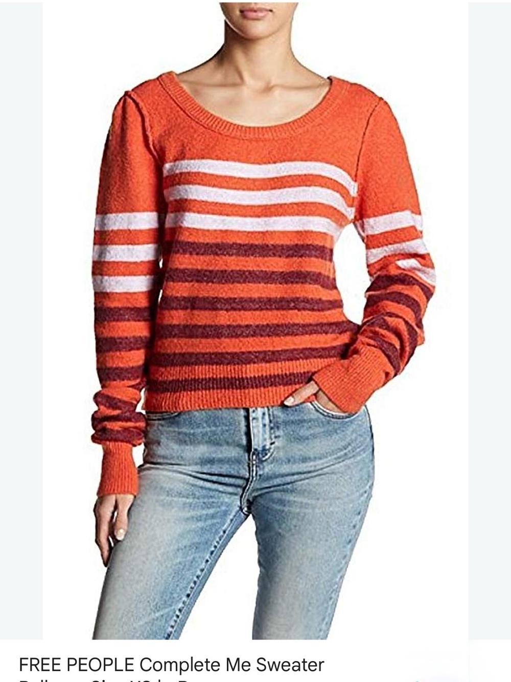 Free People Complete Me Orange Striped Crewneck Sweater